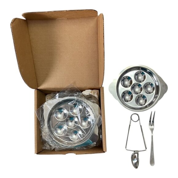 Escargot Snail Dish Stainless Steel 6 Well Pan Set of 4 With Tongs Fork Boxed - Picture 2 of 3